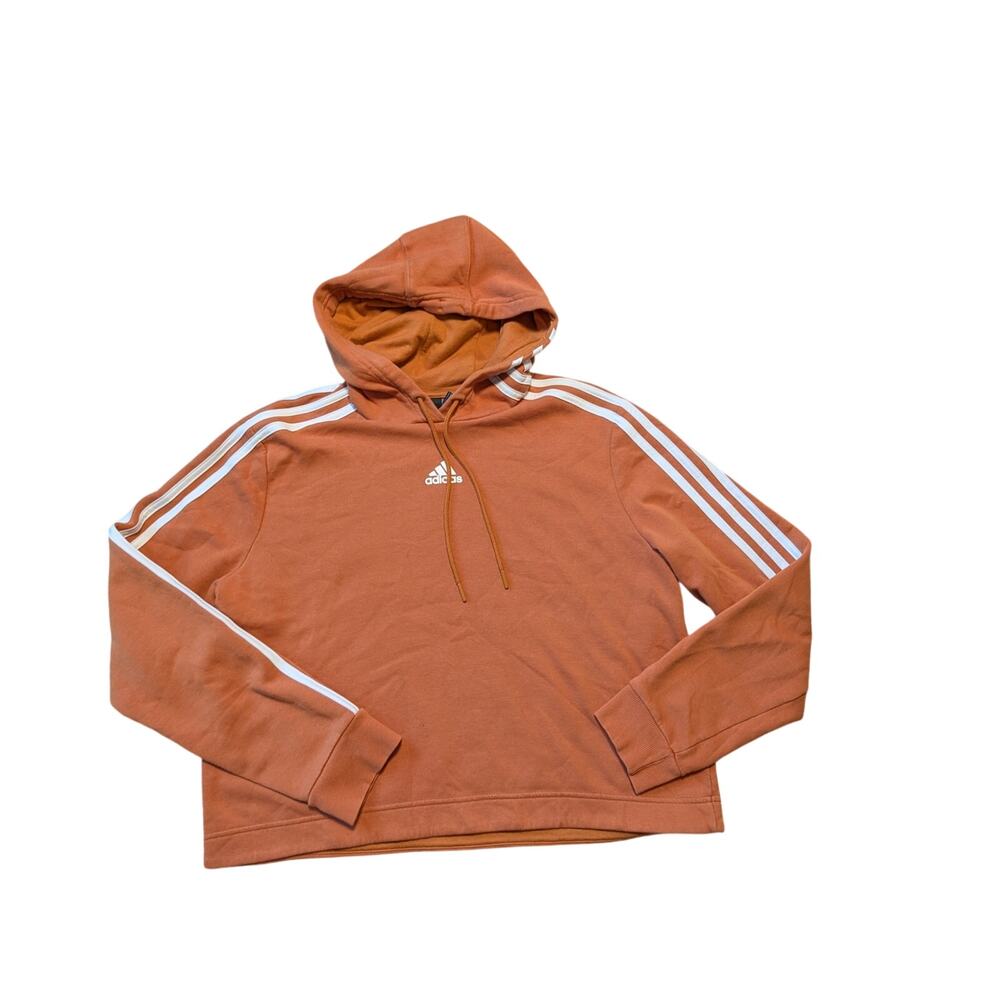 Adidas Women’s Orange 3-Stripes Cropped Pullover Hoodie Sweatshirt Size Large